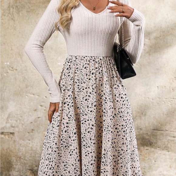 Dresses & Skirts - Women's Cream Ribbed Top & Floral Skirt Midi Dress